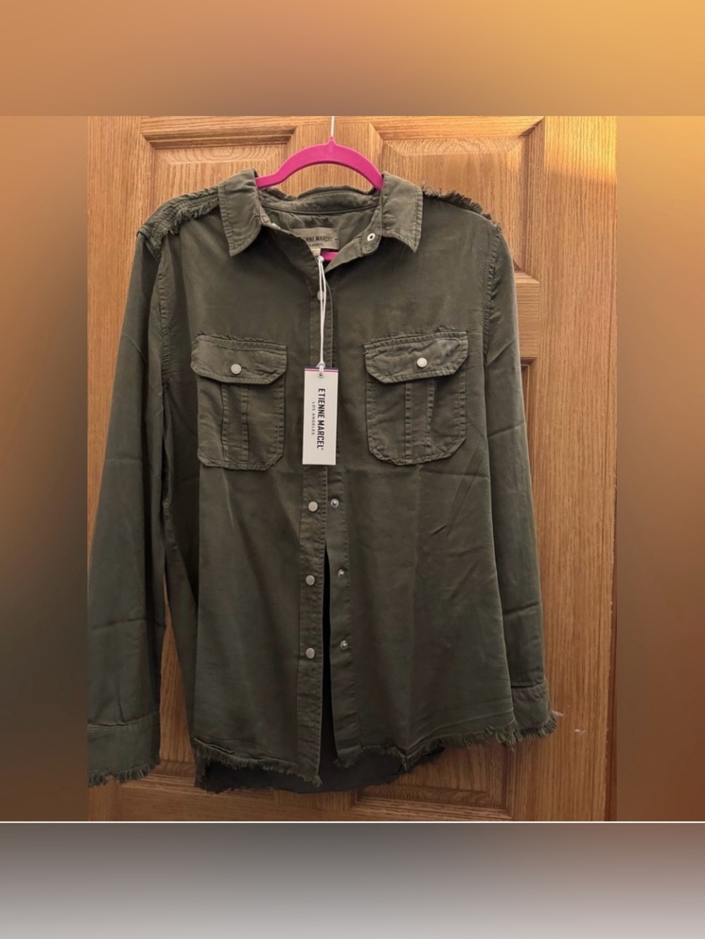 NWT Etienne Marcel Frayed Tencel Utility Button Down Shirt Jacket